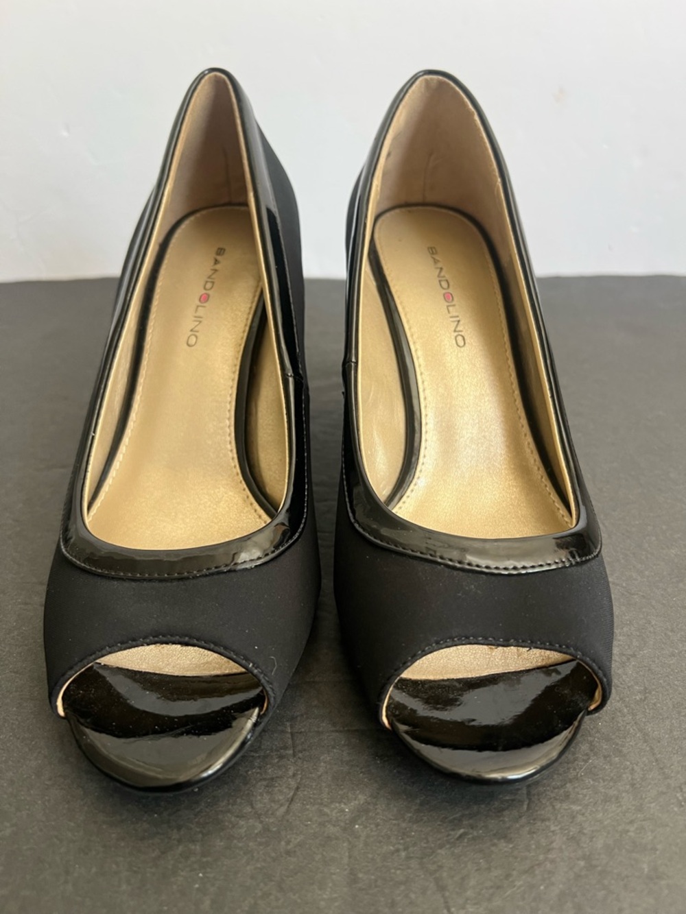 Bandolino Black Satin Peep Toe Wedges, 7.5 - Picture 2 of 7